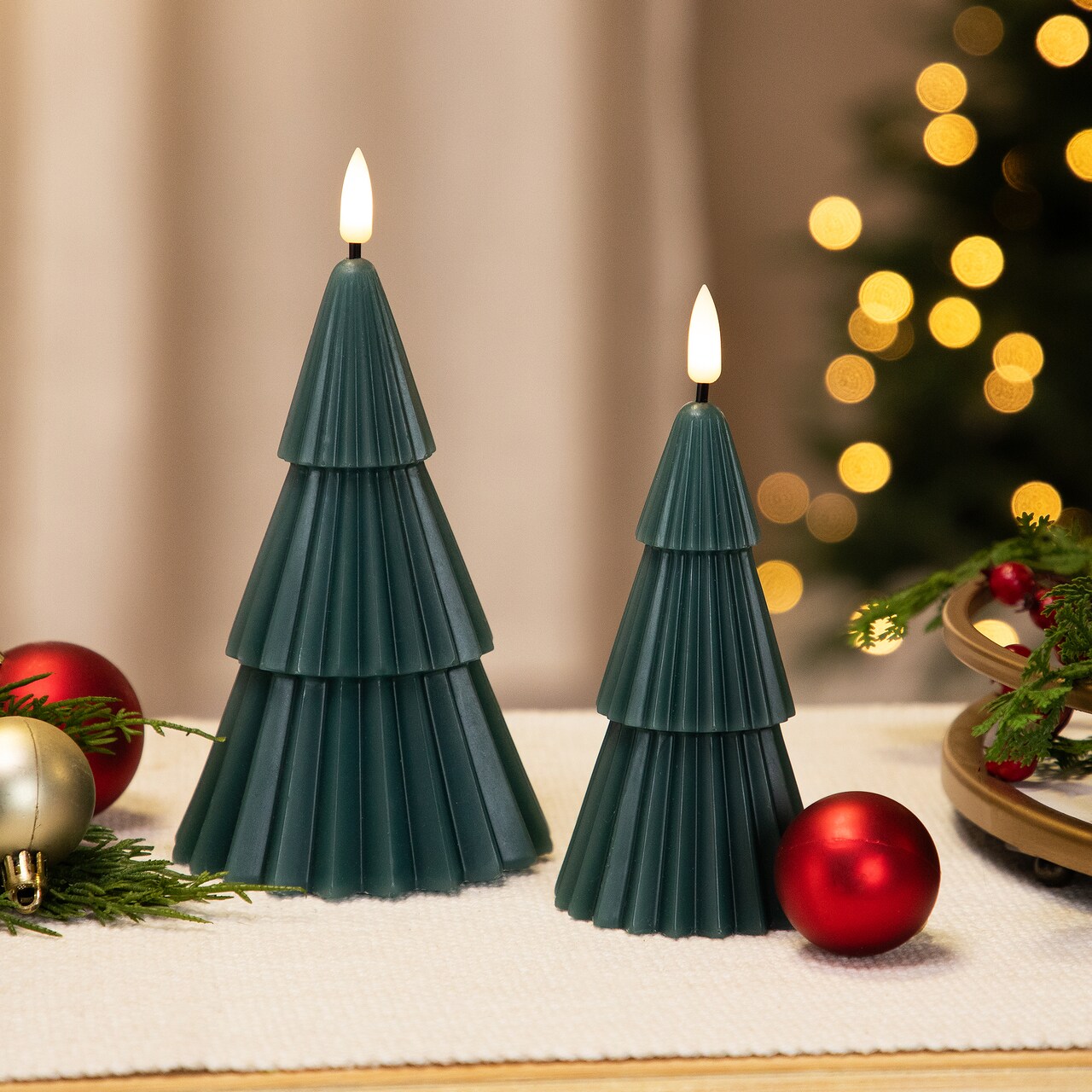 Northlight Ribbed Flickering LED Flameless Christmas Tree Wax Candles - 6" - Green - Set of 2